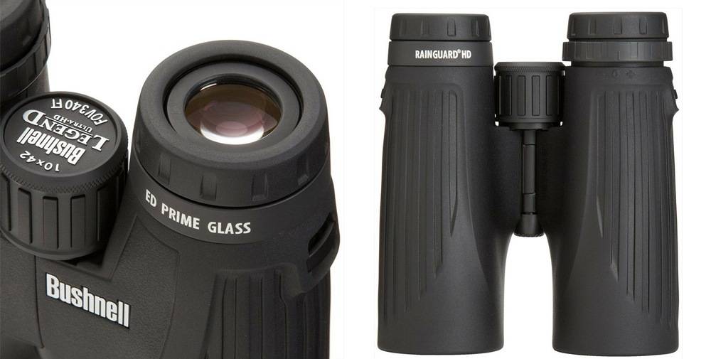 Bushnell 191042 Legend Ultra HD 10x42 has the RainGuard HD Water-Repellent Coatings and an ED glass
