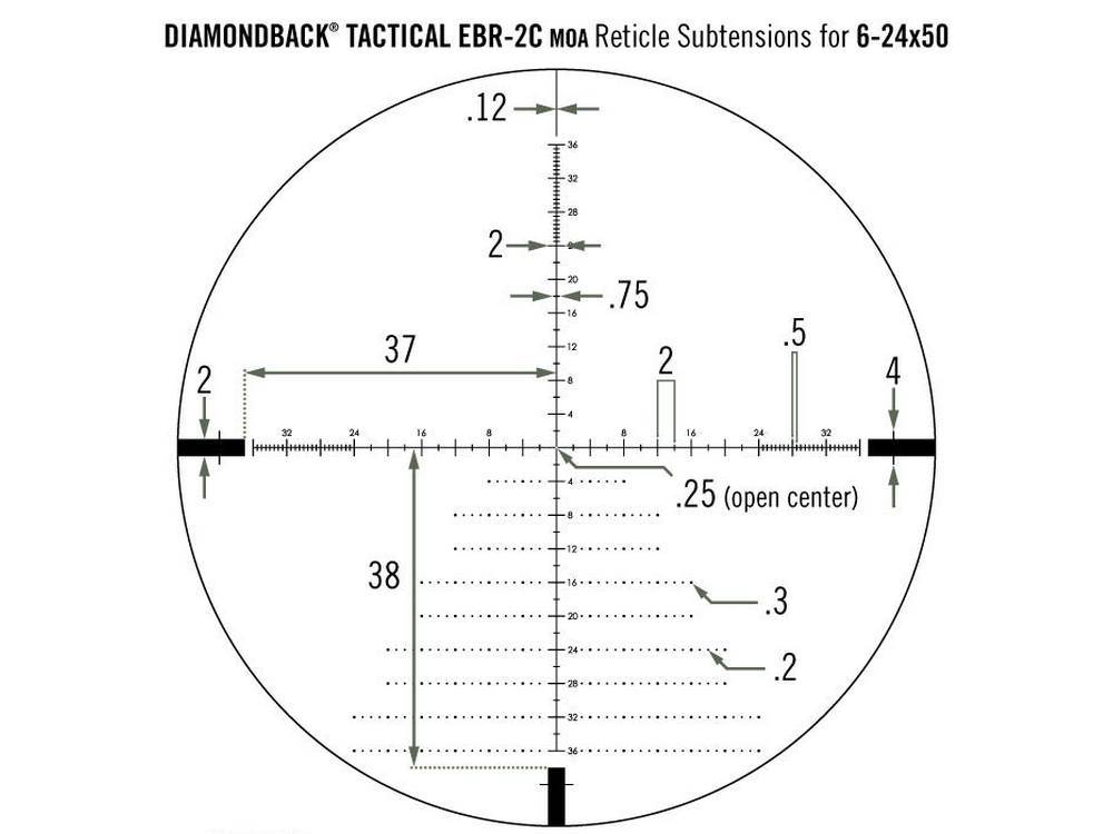 Vortex Optics DBK-10029 Diamondback Tactical 6-24x50 riflescope has the EBR-2C (MRAD) Tactical reticle